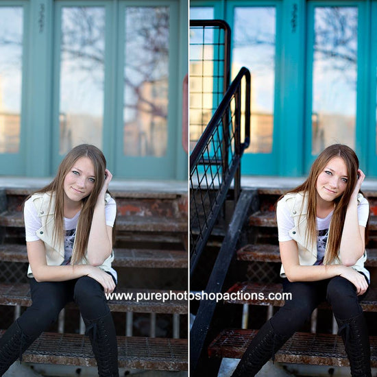 A teenaged girl sitting on urban steps with blue doors behind her.  The after image has much more pop and contrast and color glows compared to the before action.  Edited with Pure Summer Photoshop Actions and Lightroom Presets.