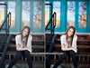 A teenaged girl sitting on urban steps with blue doors behind her.  The after image has much more pop and contrast and color glows compared to the before action.  Edited with Pure Summer Photoshop Actions and Lightroom Presets.