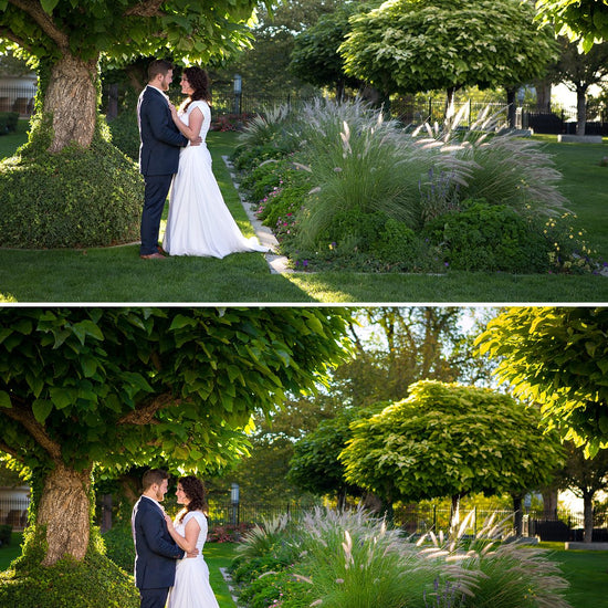 Before after of couple in a stand of trees.  The after image has much more pop and contrast and color glows compared to the before action.  Edited with Pure Summer Photoshop Actions and Lightroom Presets.