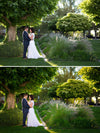 Before after of couple in a stand of trees.  The after image has much more pop and contrast and color glows compared to the before action.  Edited with Pure Summer Photoshop Actions and Lightroom Presets.