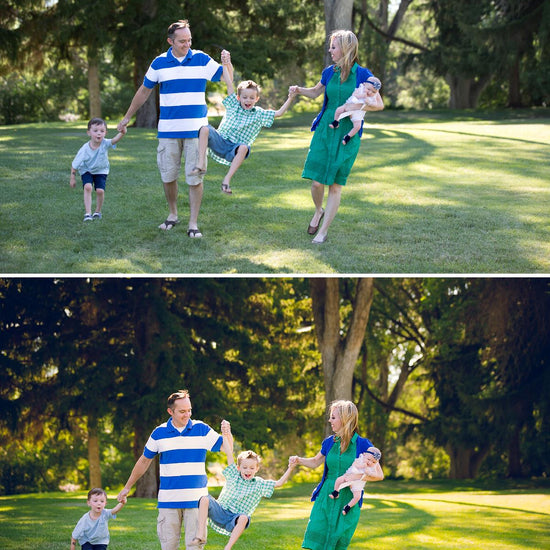 A family walking while swinging one child between the in a stand of trees.  The after image has much more pop and contrast and color glows compared to the before action.  Edited with Pure Summer Photoshop Actions and Lightroom Presets.