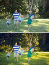 A family walking while swinging one child between the in a stand of trees.  The after image has much more pop and contrast and color glows compared to the before action.  Edited with Pure Summer Photoshop Actions and Lightroom Presets.