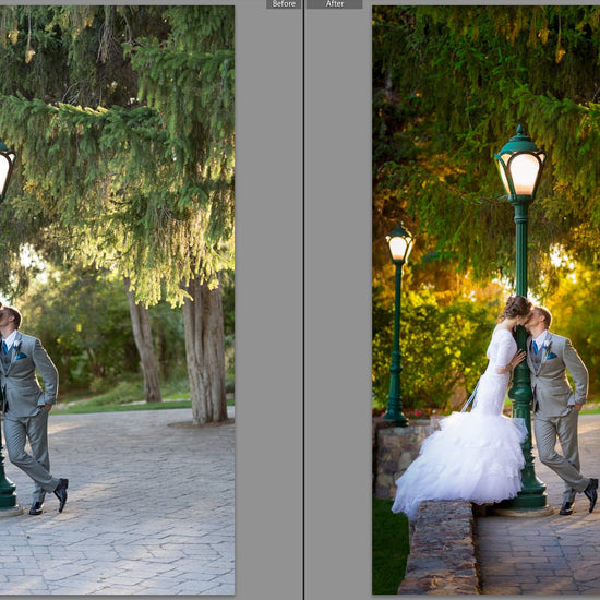A couple kissing in a stand of trees against a green lamppost.  The after image has much more pop and contrast and color glows compared to the before action.  Edited with Pure Summer Photoshop Actions and Lightroom Presets.