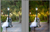 A couple kissing in a stand of trees against a green lamppost.  The after image has much more pop and contrast and color glows compared to the before action.  Edited with Pure Summer Photoshop Actions and Lightroom Presets.