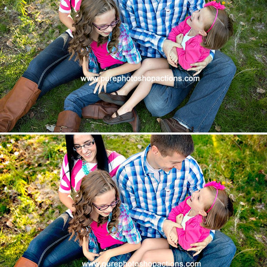 Before and after of a family playing in the grass.  The after image has much more pop and contrast and color glows compared to the before action.  Edited with Pure Summer Photoshop Actions and Lightroom Presets.