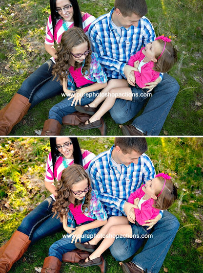 Before and after of a family playing in the grass.  The after image has much more pop and contrast and color glows compared to the before action.  Edited with Pure Summer Photoshop Actions and Lightroom Presets.