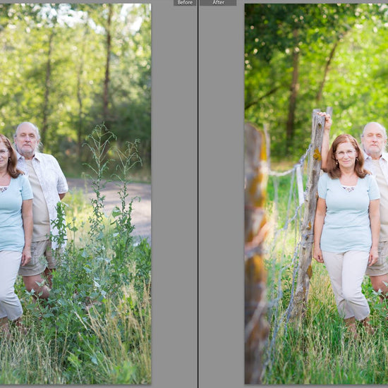 A before after of a couple in a stand of trees and tall weeds.  The after image has much more pop and contrast and color glows compared to the before action.  Edited with Pure Summer Photoshop Actions and Lightroom Presets.