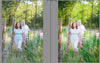 A before after of a couple in a stand of trees and tall weeds.  The after image has much more pop and contrast and color glows compared to the before action.  Edited with Pure Summer Photoshop Actions and Lightroom Presets.