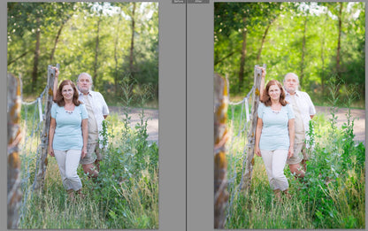 A before after of a couple in a stand of trees and tall weeds.  The after image has much more pop and contrast and color glows compared to the before action.  Edited with Pure Summer Photoshop Actions and Lightroom Presets.