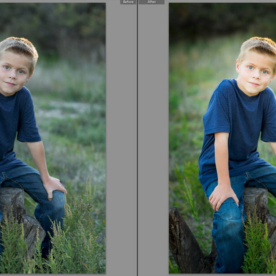 A before after of a young boy sitting on a stump in a field.  The after image has much more pop and contrast and color glows compared to the before action.  Edited with Pure Summer Photoshop Actions and Lightroom Presets.