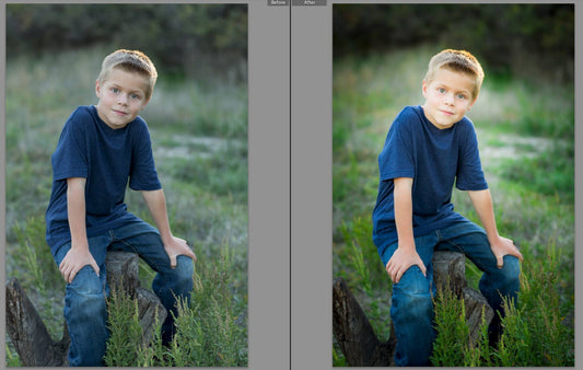 A before after of a young boy sitting on a stump in a field.  The after image has much more pop and contrast and color glows compared to the before action.  Edited with Pure Summer Photoshop Actions and Lightroom Presets.
