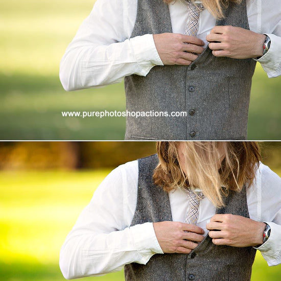 Details of a groom buttoning his vest.  The after image has much more pop and contrast and color glows compared to the before action.  Edited with Pure Summer Photoshop Actions and Lightroom Presets.