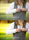 Details of a groom buttoning his vest.  The after image has much more pop and contrast and color glows compared to the before action.  Edited with Pure Summer Photoshop Actions and Lightroom Presets.