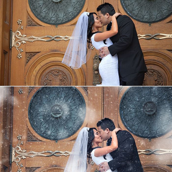 An image of a bride and groom in front of large wooden doors set up as a before and after image showing the effects of the Pure Winter Wonderland Photoshop Actions with the after image including realistic looking snowflakes.