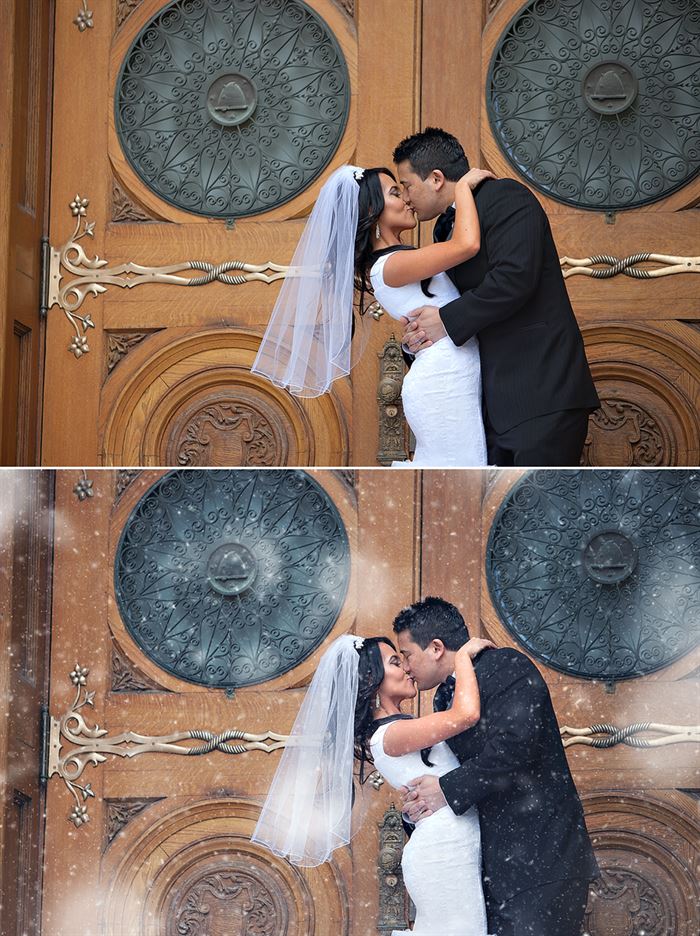 An image of a bride and groom in front of large wooden doors set up as a before and after image showing the effects of the Pure Winter Wonderland Photoshop Actions with the after image including realistic looking snowflakes.