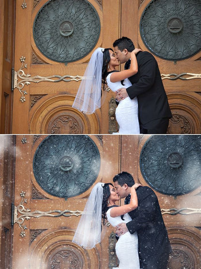 An image of a bride and groom in front of large wooden doors set up as a before and after image showing the effects of the Pure Winter Wonderland Photoshop Actions with the after image including realistic looking snowflakes.
