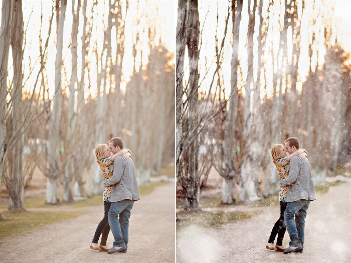 An image of a couple on a dirt road set up as a before and after image showing the effects of the Pure Winter Wonderland Photoshop Action Set with the after including a more cool wintery edit and realistic looking snowflakes.