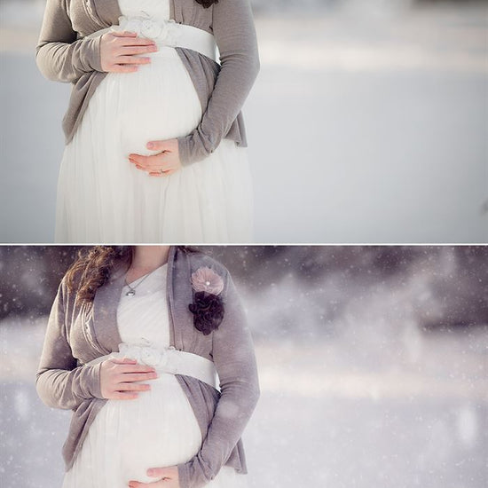 A before and after image of a pregnant woman in a snowy field with the after showing the effects of the Pure Winter Wonderland Photoshop Action set bringing realistic looking snowflakes and a cool wintery tone to the image.