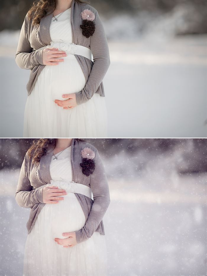 A before and after image of a pregnant woman in a snowy field with the after showing the effects of the Pure Winter Wonderland Photoshop Action set bringing realistic looking snowflakes and a cool wintery tone to the image.