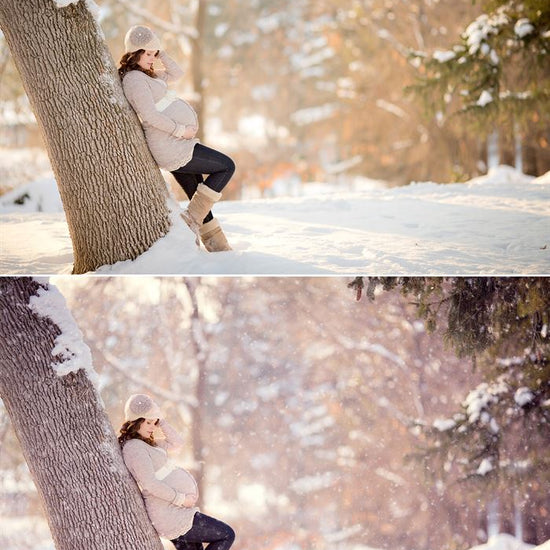 A before and after image of a pregnant Woman laying back against a tree trunk with the after image showcasing the effects of the Pure Winter Wonderland Photoshop Action set with a cool wintery tone and realistic snowflakes added to the after image using photoshop actions.