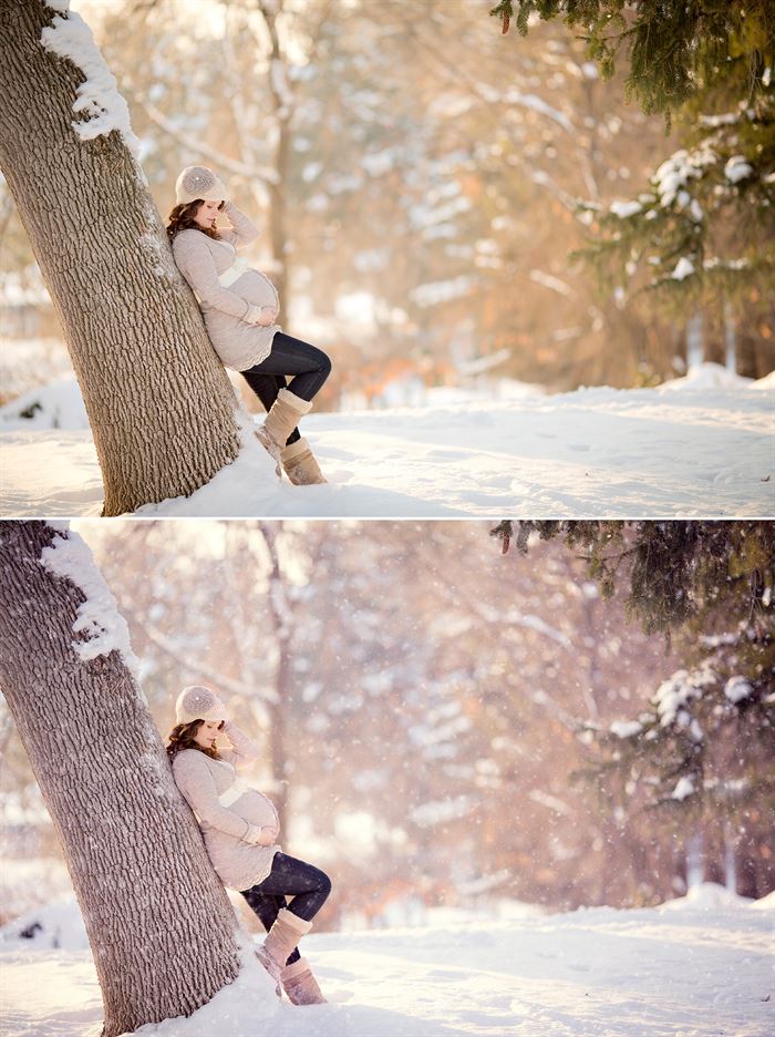 A before and after image of a pregnant Woman laying back against a tree trunk with the after image showcasing the effects of the Pure Winter Wonderland Photoshop Action set with a cool wintery tone and realistic snowflakes added to the after image using photoshop actions.
