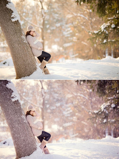 A before and after image of a pregnant Woman laying back against a tree trunk with the after image showcasing the effects of the Pure Winter Wonderland Photoshop Action set with a cool wintery tone and realistic snowflakes added to the after image using photoshop actions.