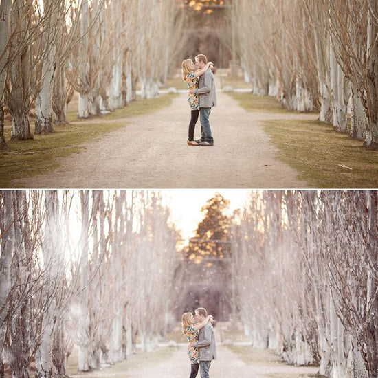 A before and after image for Pure Winter Wonderland Photoshop Actions with a couple standing on a dirt road with the after image showcasing the effects of the Pure Winter Wonderland Photoshop Action with a more cool wintery tone and realistic snow flakes.