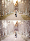 A before and after image for Pure Winter Wonderland Photoshop Actions with a couple standing on a dirt road with the after image showcasing the effects of the Pure Winter Wonderland Photoshop Action with a more cool wintery tone and realistic snow flakes.