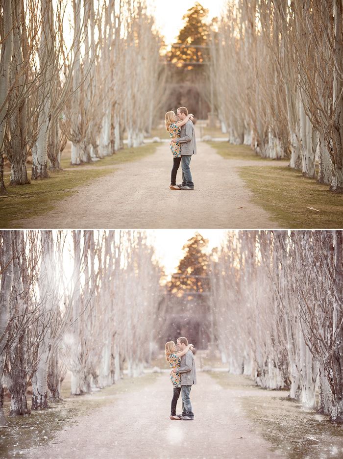 A before and after image for Pure Winter Wonderland Photoshop Actions with a couple standing on a dirt road with the after image showcasing the effects of the Pure Winter Wonderland Photoshop Action with a more cool wintery tone and realistic snow flakes.
