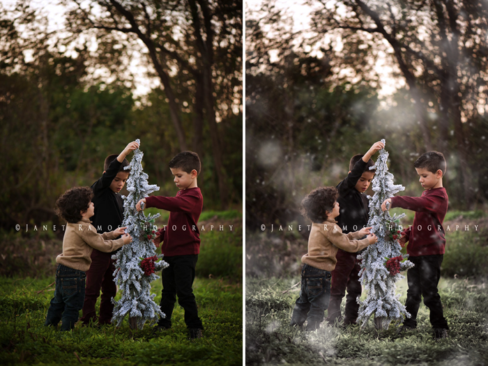 An image of three boys decorating a Christmas Tree with a before and after demonstration of the Pure Winter Wonderland Photoshop Actions with the after showing slight realistic snow on the grass, realistic snow flakes and a slightly cooler more wintery tone.