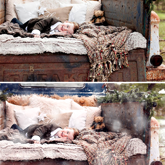 An image of a young boy laying in the bed of an old pick up truck in a before and after set up demonstrating the effects of the Pure Winter Wonderland Photoshop Actions with the after including realistic looking snowflakes and a slightly cool winter tone.