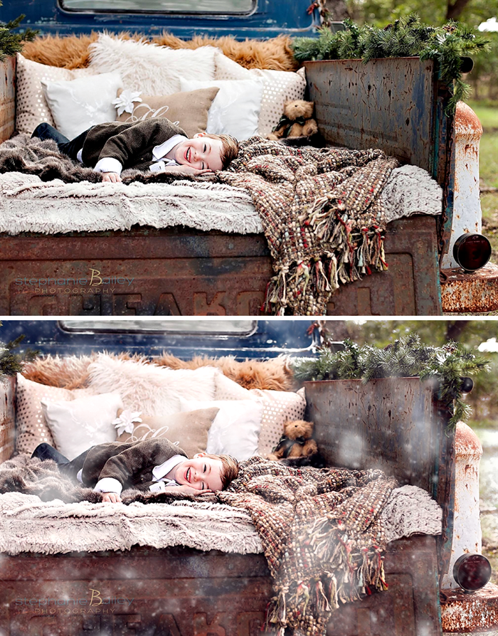 An image of a young boy laying in the bed of an old pick up truck in a before and after set up demonstrating the effects of the Pure Winter Wonderland Photoshop Actions with the after including realistic looking snowflakes and a slightly cool winter tone.