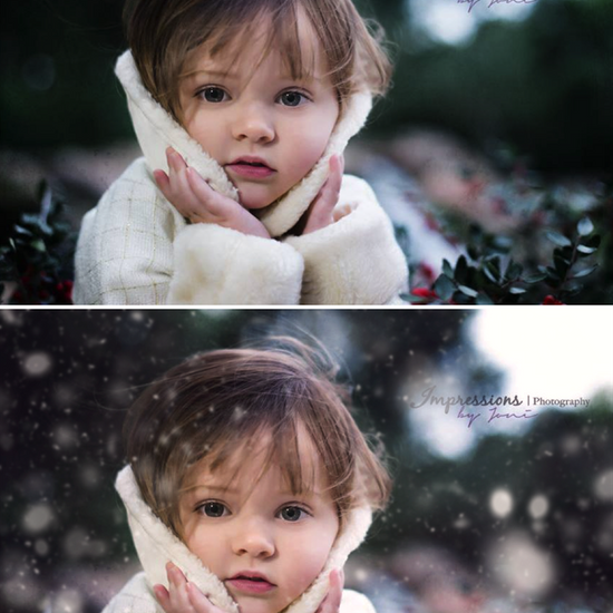 An image of a young girl in a winter coat set up as a before and after image demonstrating the effects of the Pure Winter Wonderland Photoshop Action Set with the after image including realistic snow flakes.