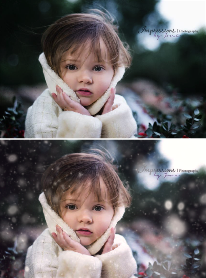 An image of a young girl in a winter coat set up as a before and after image demonstrating the effects of the Pure Winter Wonderland Photoshop Action Set with the after image including realistic snow flakes.