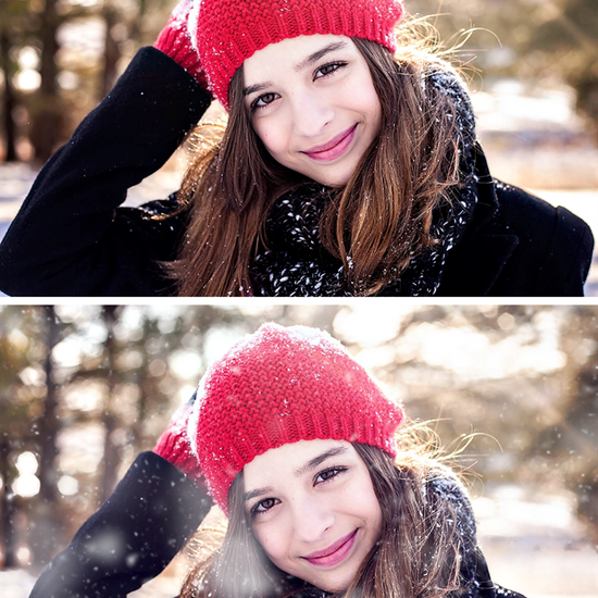 An image of a young woman in a red hat and a black coat set up as a before and after image showing the effects of the Pure Winter Wonderland Photoshop Action set with realistic snowflakes and a slightly cool wintery edit.