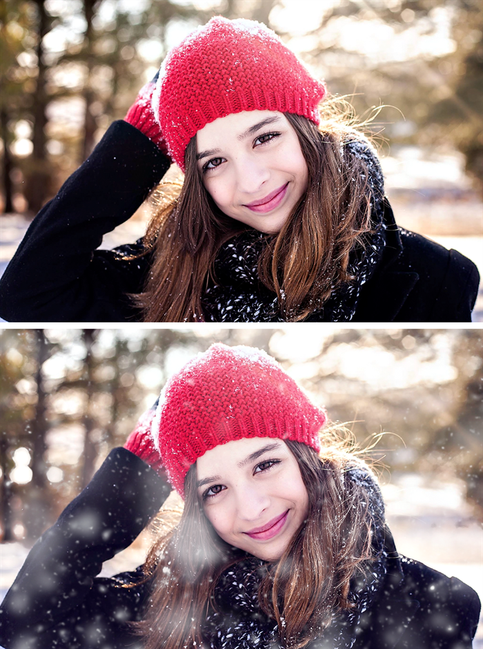 An image of a young woman in a red hat and a black coat set up as a before and after image showing the effects of the Pure Winter Wonderland Photoshop Action set with realistic snowflakes and a slightly cool wintery edit.