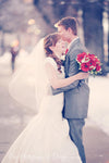 A Vintage toned image of a wedding couple in a dreamy winter location edited using Purely Vintage Photoshop Actions.