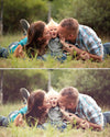 A Vintage toned image of a couple with a baby in a dreamy field location edited using Purely Vintage Photoshop Actions.