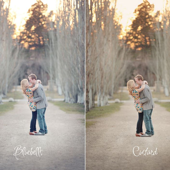 A Vintage toned image of a couple in a dreamy location edited using Purely Vintage Photoshop Actions specifically Bluebells and Custard.