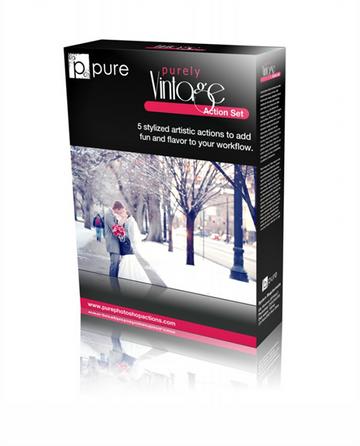 A product box for the Purely Vintage Photoshop Action set by Pure.