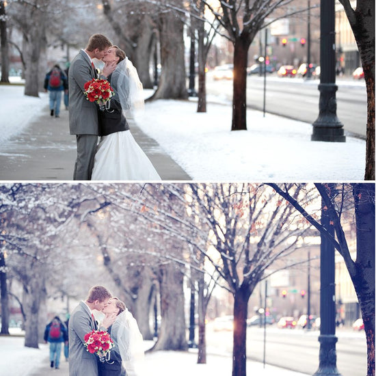 A straight out of camera before and after with the after being a Vintage toned image of a couple in a dreamy winter urban location edited using Purely Vintage Photoshop Actions.