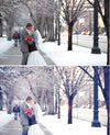 A straight out of camera before and after with the after being a Vintage toned image of a couple in a dreamy winter urban location edited using Purely Vintage Photoshop Actions.