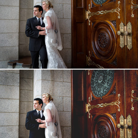 A before and after image of a bride and groom in front of big dark wooden doors and granite blocks.  The second image demonstrates the effects of the Quick Clicks Lightroom Presets and has more clarity and contrast with beautiful finish.