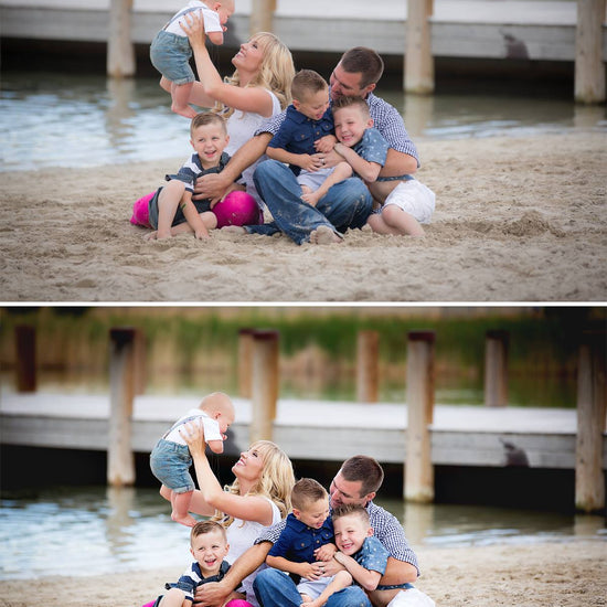 A before after image of a family on a beach by a wooden pier.  The second image demonstrates the effects of the Quick Clicks Lightroom Presets and has more contrast and the colors pop and the faces stand out.