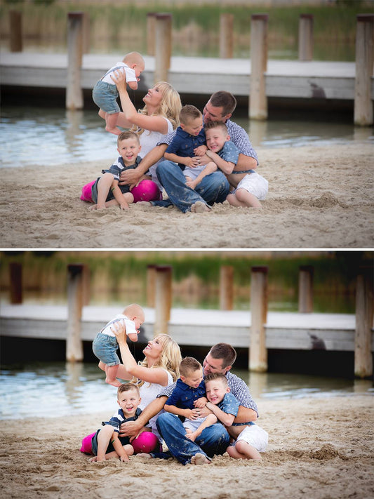 A before after image of a family on a beach by a wooden pier.  The second image demonstrates the effects of the Quick Clicks Lightroom Presets and has more contrast and the colors pop and the faces stand out.