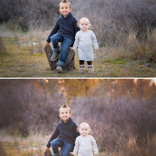 A young boy and baby girl standing in a field by a stump.  The second image in the before after demonstrates the effects of the Quick Clicks Lightroom presets.  There is more contrast and the colors are deeper and richer with good white balance.