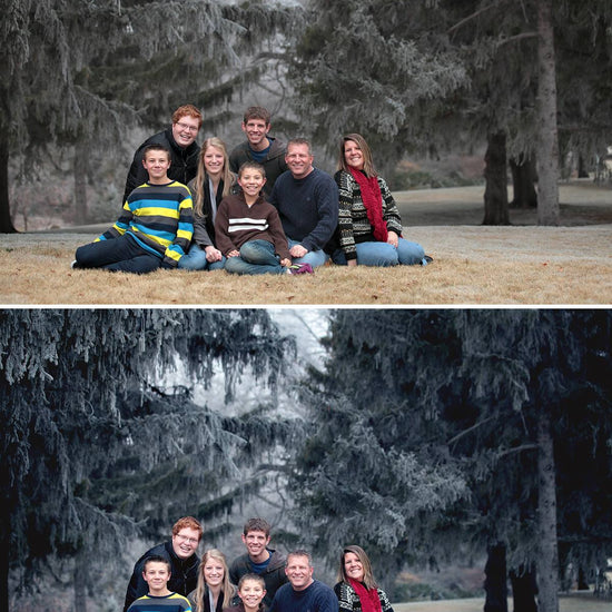 A before and after of a family sitting in front of icy, wintery trees demonstrating the Quick Clicks Lightroom Presets.  The second image has more contrast, white balance, and sharpness as well as color pop.