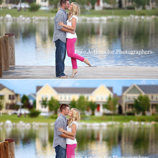 A couple standing on a dock by a lake with houses across the lake.  It is a before and after image with the second image showcasing the effects of the Quick Clicks Lightroom Presets.  The colors have more pop and it is sharper and has more contrast.  