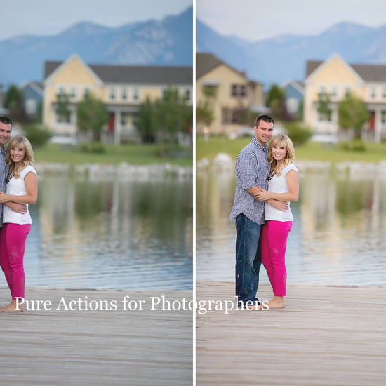 A before after image of a couple standing on a pier in front of a lake with houses across the lake.  The second image showcases the effects of the Pure Quick Clicks set and is a soft edit with some lovely pop but a few soft tone to the image.