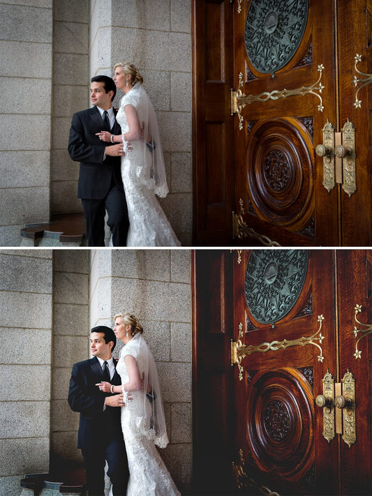 A before and after of a couple standing in front of large ornate wooden doors with the after image demonstrating the effects of the Quick Clicks Photoshop Actions or Lightroom presets as it is brighter with more color pop and contrast boost and looks more polished and professional.